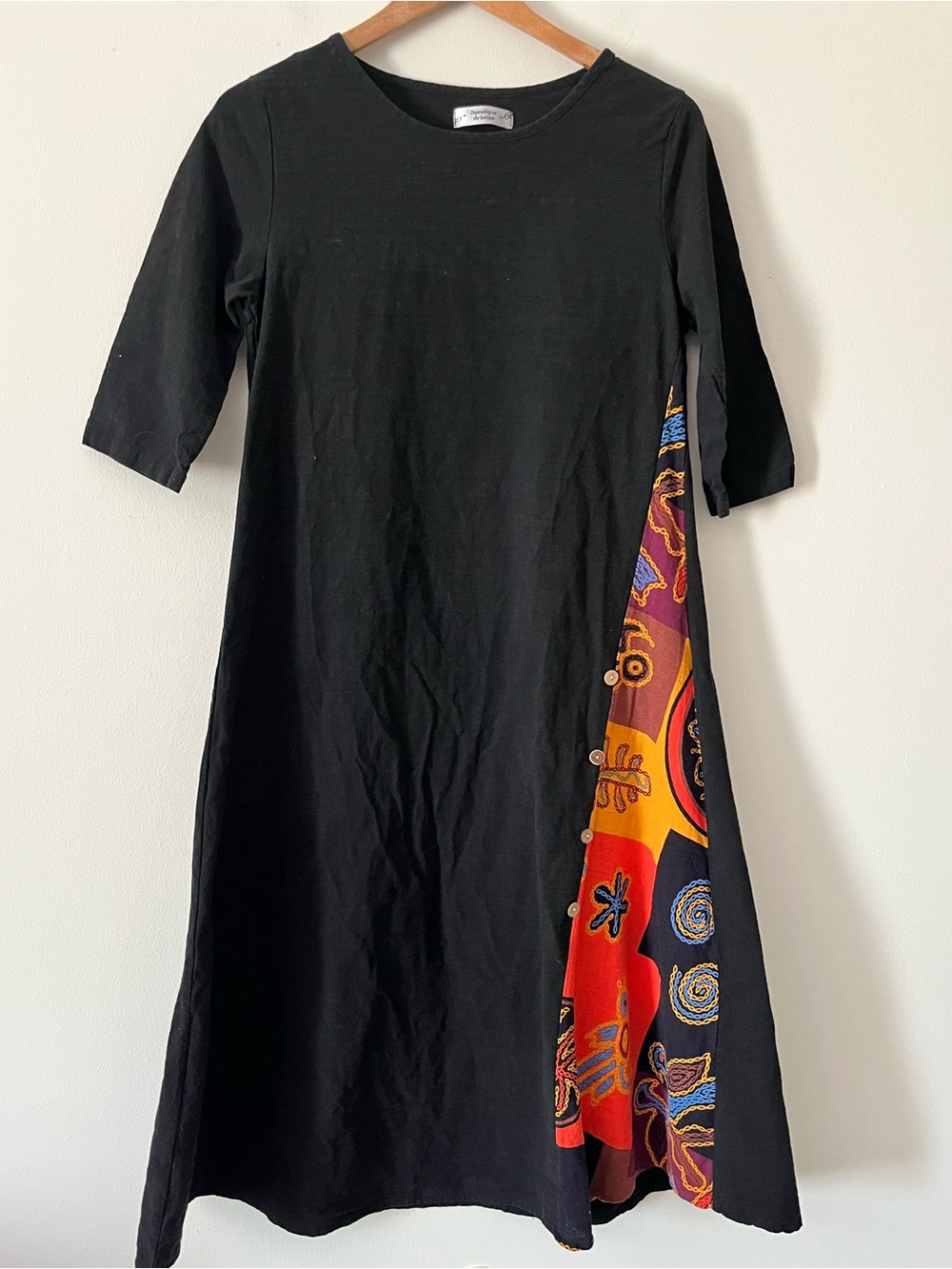 Depending on the Horizon Black With Colorful Batik Insert Lagenlook Dress Small